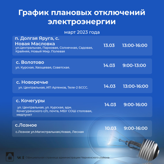 График плановых отключений электроэнергии на территории Чернянского района с 13 марта по 19 марта 2023 г..